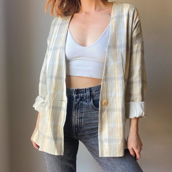Theory Yellow Gray Plaid Single Front Button Lightweight Blazer Jacket - Picture 1 of 5